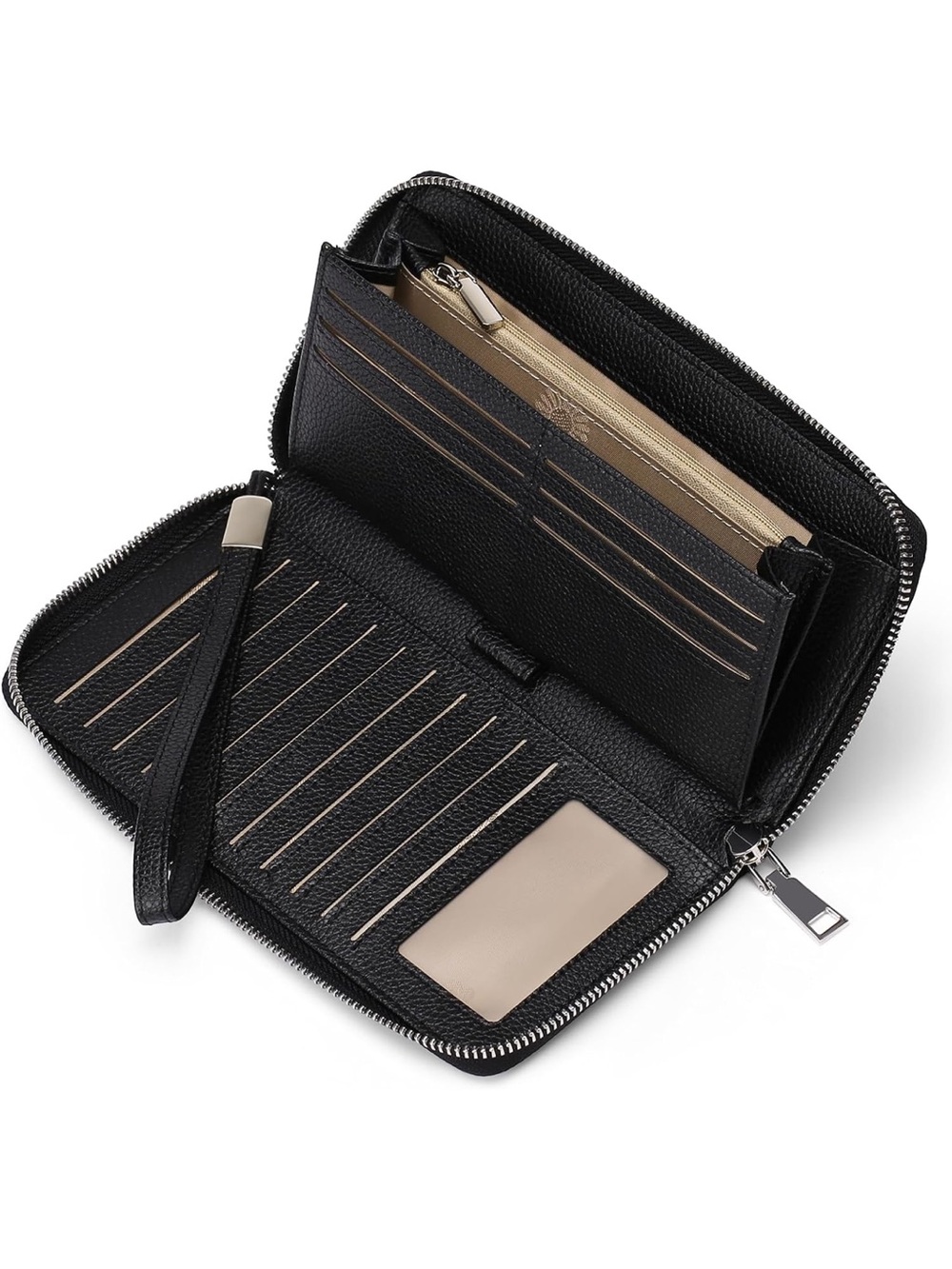 Men's Black Leather Zip-Around Wallet with Wrist Strap